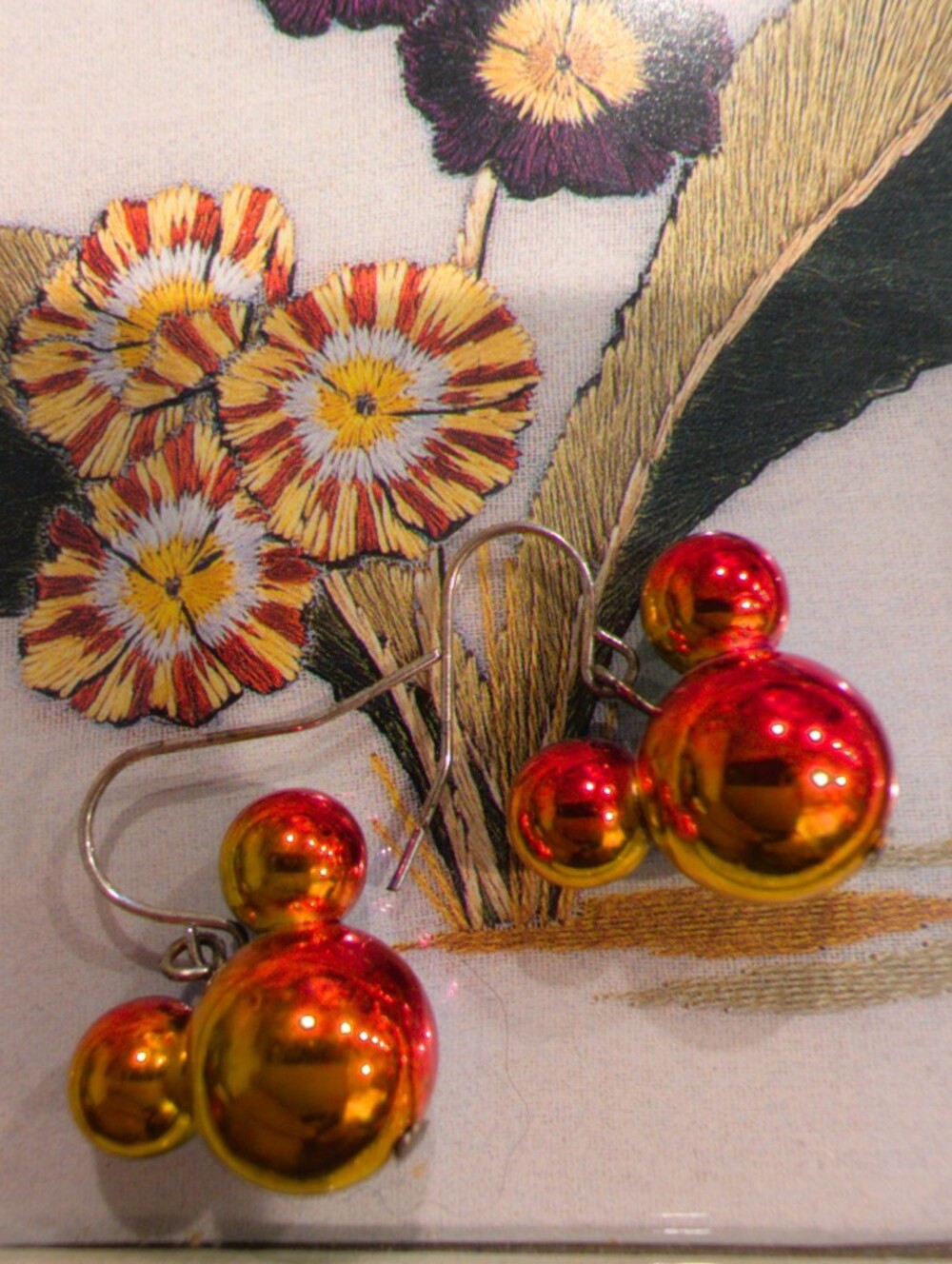 Double Ball Drop Earrings - Red/Gold